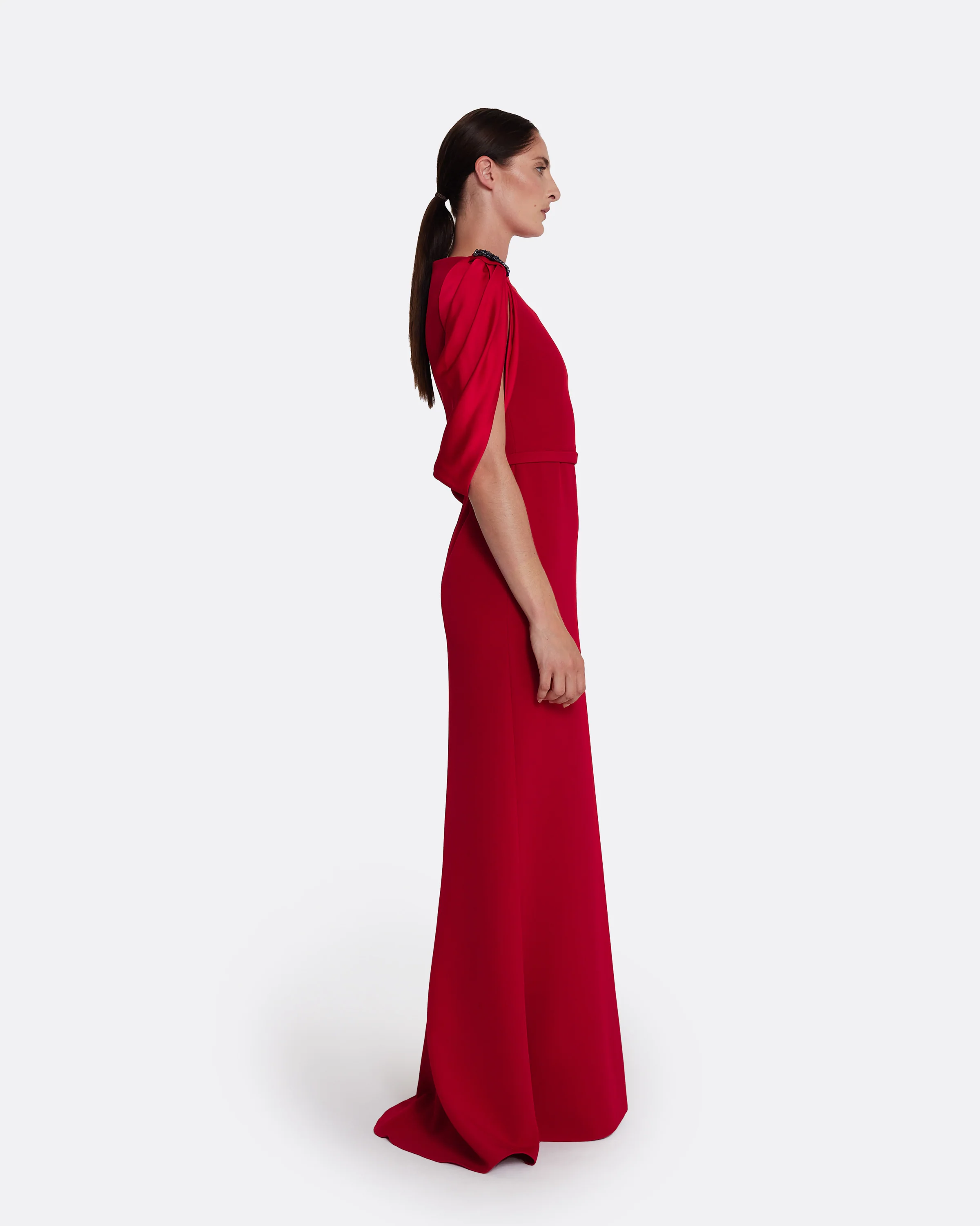 Mariah Long Dress in Cherry Red on Azalea with Multi-blues - Image 4